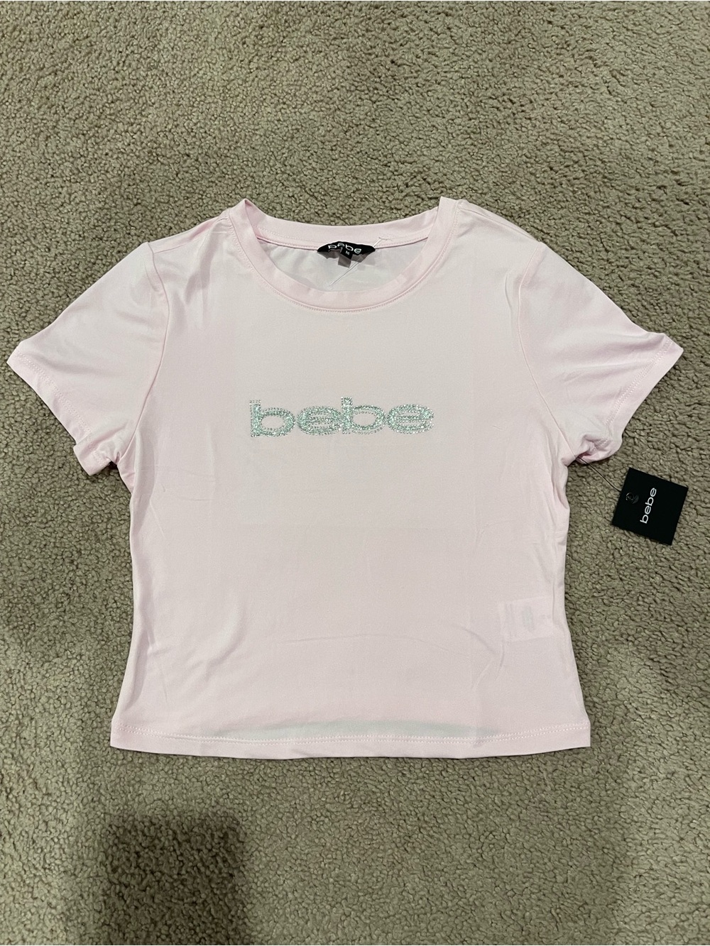 BEBE Rhinestone Logo Retro Y2K Soft Cropped Baby Tee